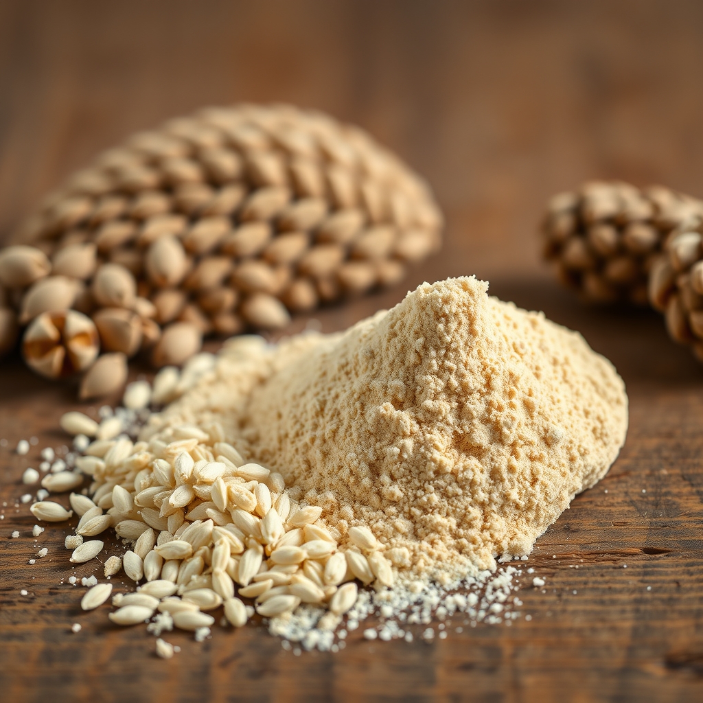 Psyllium husk powder on a wooden surface beside dried seeds