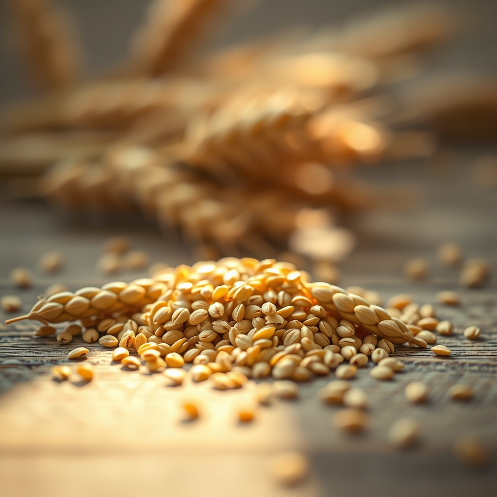 Golden flaxseeds scattered on a wooden surface