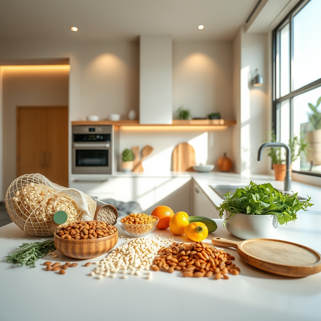 Fresh ingredients and seeds arranged on a clean kitchen surface