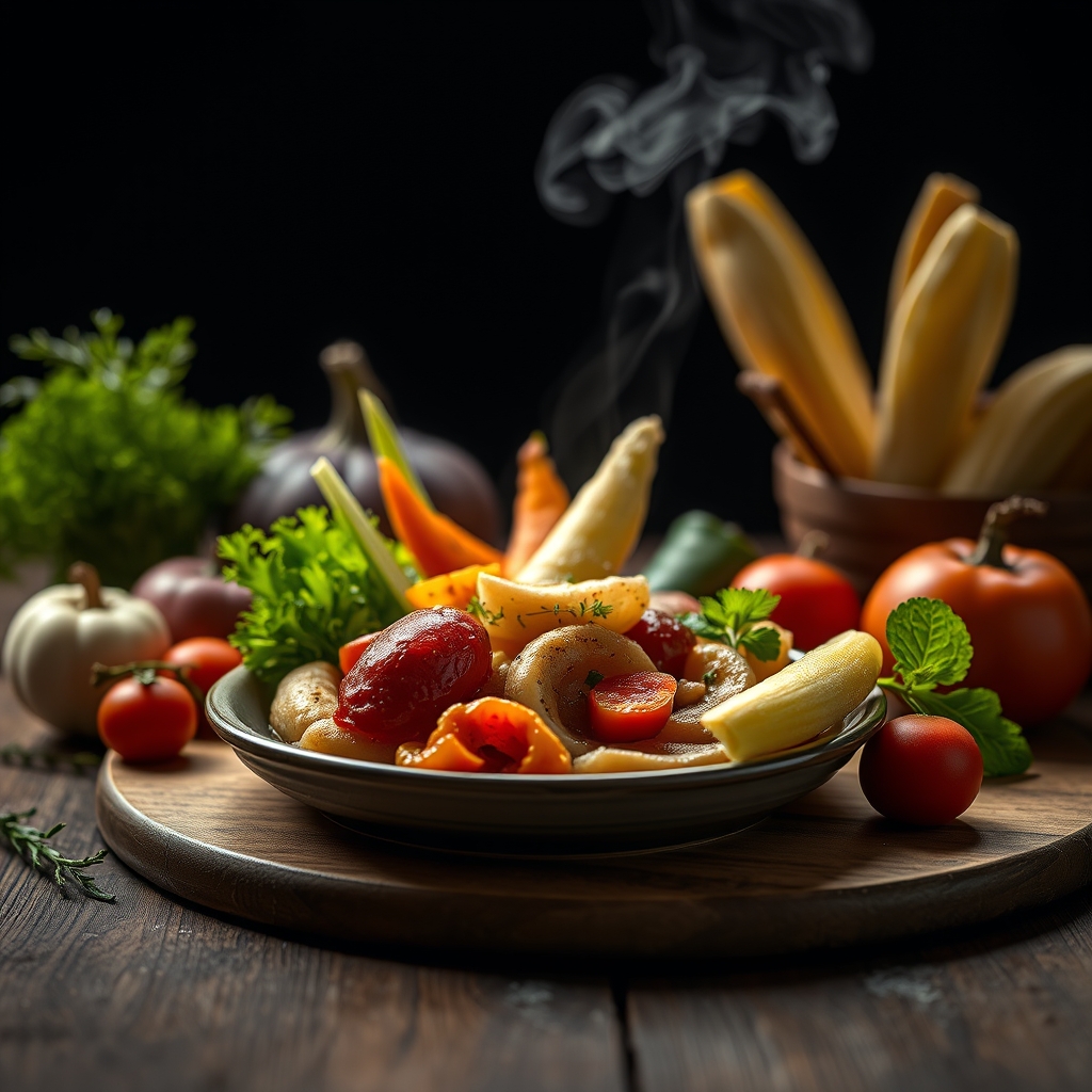 Fresh vegetables and natural ingredients arranged on a wooden surface